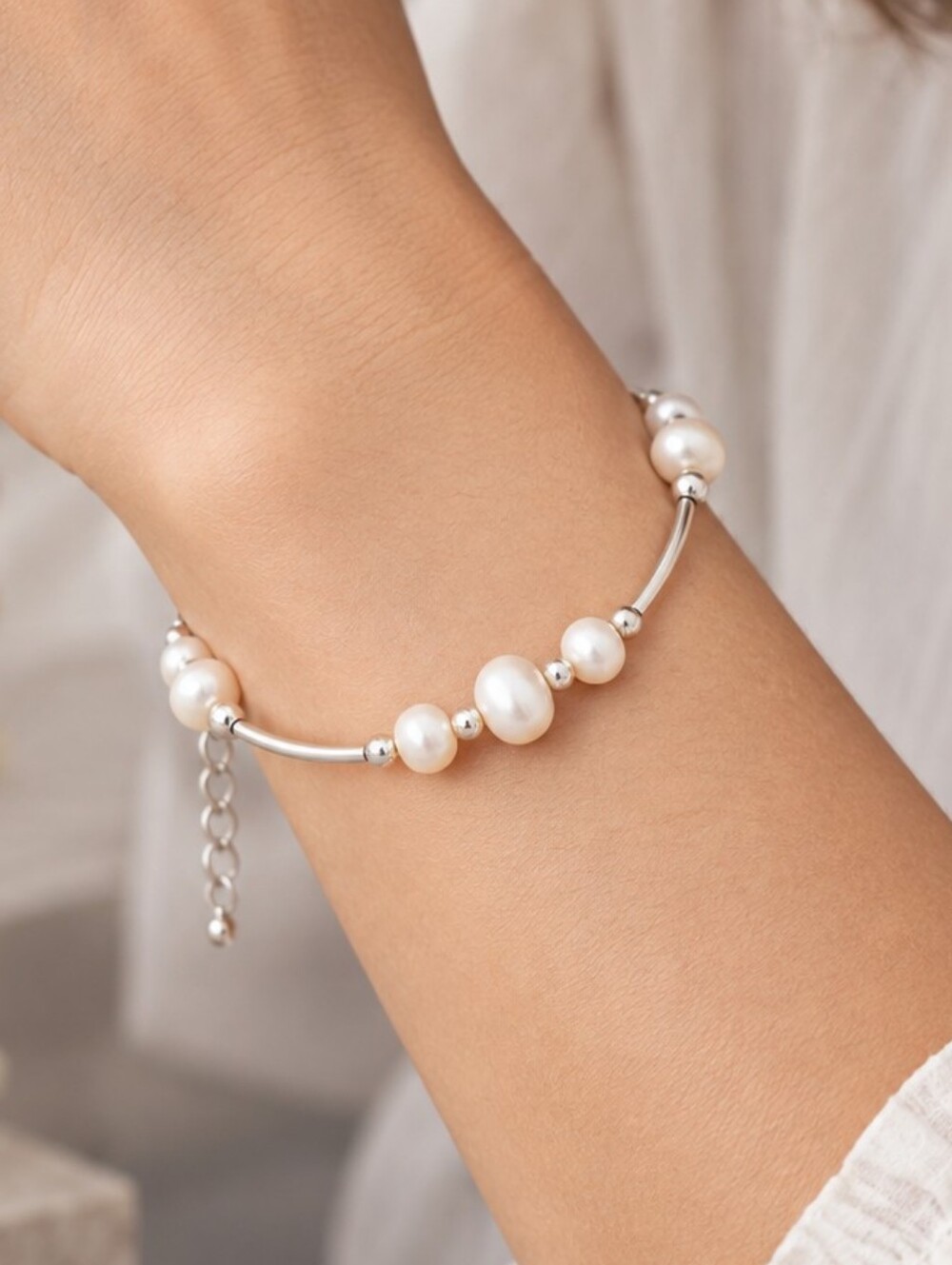 White Freshwater Pearl Bracelet Handmade - New Item (7"-10")